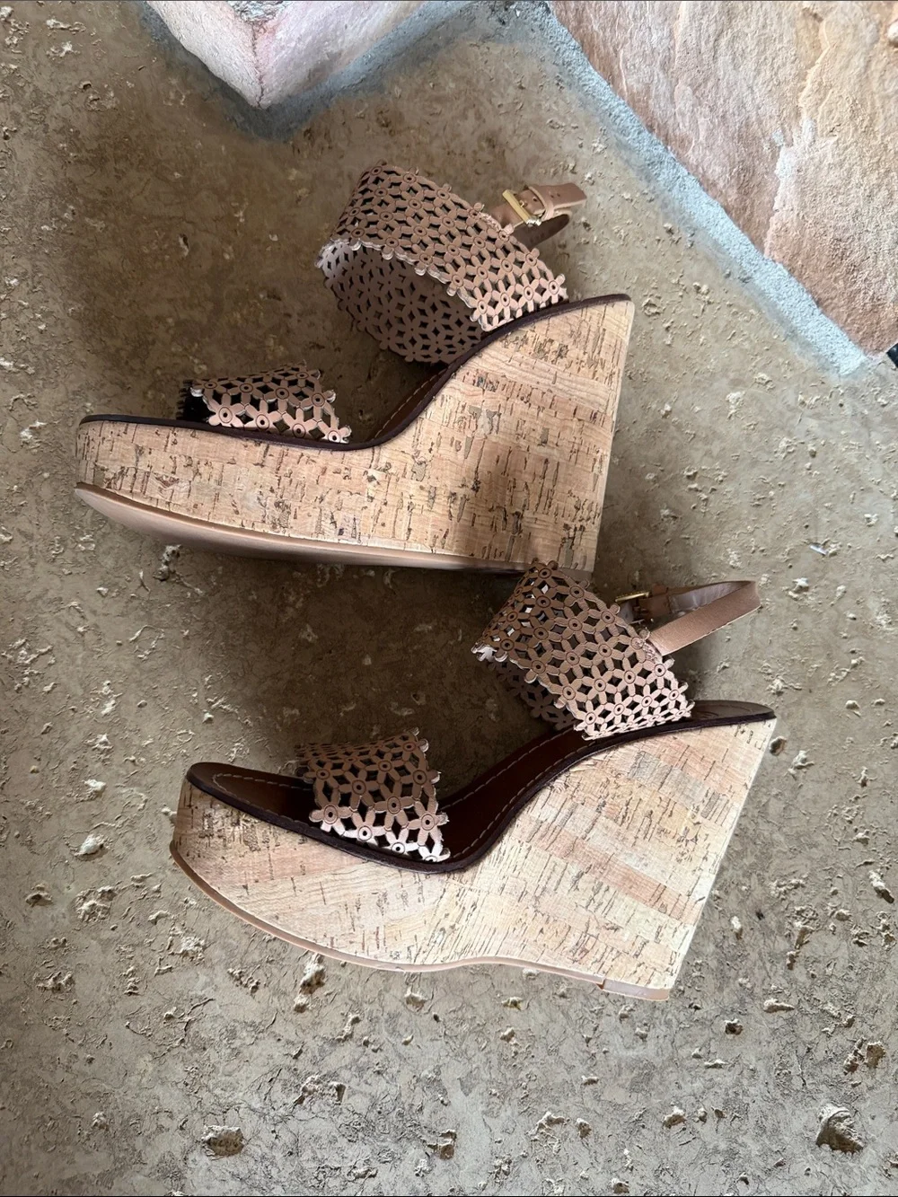 Tory Burch Tan Leather with Laser-Cut outs and Cork Wedge Sandals sz 9.5